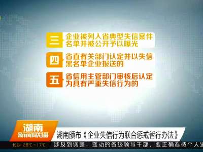 湖南颁布《企业失信行为联合惩戒暂行办法》
