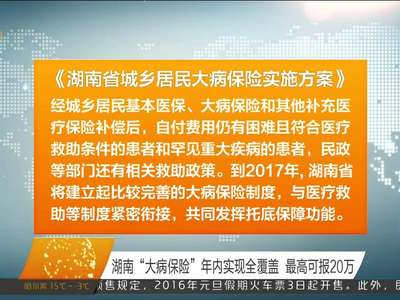 湖南“大病保险”年内实现全覆盖 最高可报20万