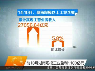 前10月湖南规模工业盈利1100亿元