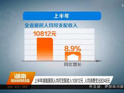 上半年湖南居民人均可支配收入10812元 人均消费支出8248元