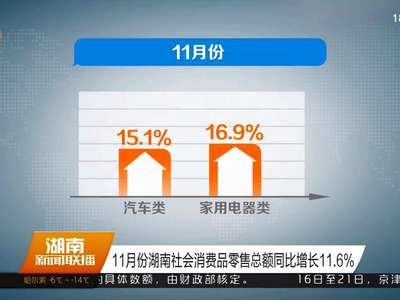 11月份湖南社会消费品零售总额同比增长11.6%