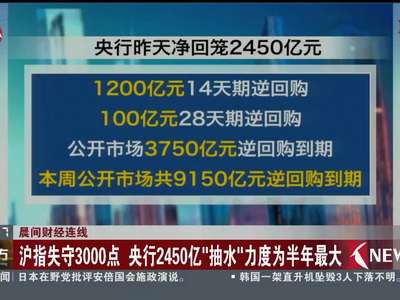 [视频]沪指失守3000点 央行2450亿“抽水”力度为半年最大